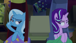 Size: 1280x720 | Tagged: safe, screencap, starlight glimmer, trixie, pony, unicorn, g4, road to friendship, duo, female, frown, hammock, mare, on back, smiling, stars