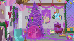 Size: 1280x720 | Tagged: safe, screencap, rainbow dash, spike, twilight sparkle, alicorn, dragon, goo, pegasus, pony, g4, the hearth's warming club, female, hearth's warming tree, male, mare, present, shield, slime, tree, twilight sparkle (alicorn), window, winged spike, wings