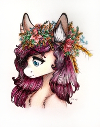 Size: 3120x3970 | Tagged: safe, artist:sunshine, oc, oc only, oc:tarot, classical unicorn, pony, unicorn, blue eyes, chest fluff, cloven hooves, curved horn, female, floppy ears, flower, flower in hair, fluffy, freckles, high res, horn, leonine tail, long mane, looking down, mare, palomino, pencil drawing, pink mane, solo, traditional art, unshorn fetlocks