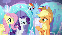 Size: 1280x720 | Tagged: safe, screencap, applejack, fluttershy, rainbow dash, rarity, g4, the crystalling, applejack's hat, cowboy hat, crystal, crystal palace, door, gem, hat