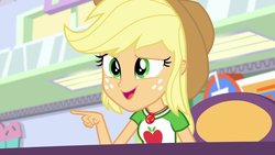 Size: 1920x1080 | Tagged: safe, screencap, applejack, equestria girls, equestria girls specials, g4, my little pony equestria girls: better together, my little pony equestria girls: rollercoaster of friendship, clothes, collar, cowboy hat, female, freckles, geode of super strength, hat, pointing, shirt, solo, t-shirt, teenager