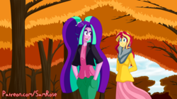 Size: 1920x1080 | Tagged: safe, artist:jake heritagu, aria blaze, sunset shimmer, comic:aria's archives, series:sciset diary, equestria girls, g4, clothes, female, lesbian, shipping, sunblaze