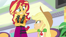Size: 1920x1080 | Tagged: safe, screencap, applejack, sunset shimmer, equestria girls, equestria girls specials, g4, my little pony equestria girls: better together, my little pony equestria girls: rollercoaster of friendship, clothes, collar, cowboy hat, crossed arms, denim, denim skirt, female, geode of empathy, geode of super strength, hat, leather, leather vest, looking at each other, looking at someone, shirt, skirt, t-shirt, teenager, vest