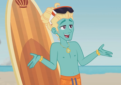 Size: 1021x720 | Tagged: safe, screencap, zephyr breeze, blue crushed, equestria girls, equestria girls series, g4, clothes, cropped, male, male nipples, nipples, partial nudity, shorts, smiling, sunglasses, surfboard, swimming trunks, topless
