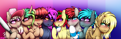 Size: 4693x1519 | Tagged: safe, artist:aaa-its-spook, oc, oc:attraction, oc:cam, oc:dicey, oc:dust bunny, oc:hooters, oc:ponepony, oc:scarlet topaz, oc:spook, bat pony, demon pony, earth pony, pegasus, pony, unicorn, pony town, accessory, baseball bat, bat pony oc, blushing, clothes, eyes closed, eyeshadow, fangs, female, freckles, gift art, glasses, glowing eyes, group photo, hat, horn, horns, lipstick, looking at you, makeup, male, simple background, socks, striped socks, trap, wings
