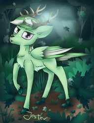 Size: 880x1150 | Tagged: safe, artist:jesterpi, oc, oc only, oc:jester pi, bird, bird pone, deer, original species, peryton, antlers, autumn, bush, deerified, fluffy, forest, glare, grass, green background, happy, hooves, leaf, leaves, scenery, simple background, single, talons, tongue out, wild, wings