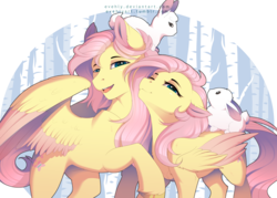 Size: 2300x1645 | Tagged: safe, artist:evehly, angel bunny, fluttershy, pegasus, pony, rabbit, g4, angela bunny, butterscotch, colored wings, colored wingtips, female, male, mare, open mouth, rule 63, self ponidox, stallion