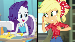 Size: 1920x1080 | Tagged: safe, screencap, applejack, rarity, equestria girls, equestria girls specials, g4, my little pony equestria girls: better together, my little pony equestria girls: rollercoaster of friendship, geode of shielding