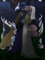 Size: 2048x2732 | Tagged: safe, artist:percy-mcmurphy, fluttershy, princess luna, anthro, g4, clothes, dress, eyes closed, female, high res, kissing, lesbian, marriage, night, passionate, ship:lunashy, shipping, stars, wedding, wedding dress