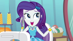 Size: 1920x1080 | Tagged: safe, screencap, rarity, equestria girls, equestria girls series, g4, rollercoaster of friendship, bracelet, cellphone, female, geode of shielding, jewelry, magical geodes, makeup, open mouth, phone, rarity peplum dress, sewing machine, solo, talking