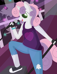 Size: 2550x3300 | Tagged: safe, artist:skyflys, sweetie belle, anthro, plantigrade anthro, g4, clothes, cute, high res, microphone, older, older sweetie belle, performance, singing, teenager