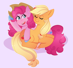Size: 2209x2049 | Tagged: safe, artist:emera33, applejack, pinkie pie, earth pony, pony, g4, cowboy hat, female, hat, high res, lesbian, mare, ship:applepie, shipping, smiling, stetson