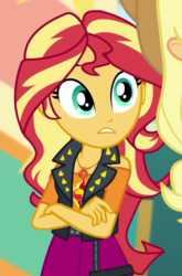 Size: 548x832 | Tagged: safe, screencap, sunset shimmer, equestria girls, equestria girls specials, g4, my little pony equestria girls: better together, my little pony equestria girls: rollercoaster of friendship, cropped, crossed arms, geode of empathy, magical geodes