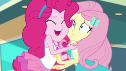 Size: 1920x1080 | Tagged: safe, screencap, fluttershy, pinkie pie, equestria girls, equestria girls specials, g4, my little pony equestria girls: better together, my little pony equestria girls: rollercoaster of friendship, cheek to cheek, clothes, eyes closed, female, geode of fauna, geode of sugar bombs, magical geodes, shrunken pupils, squishy cheeks