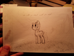 Size: 1920x1440 | Tagged: safe, artist:swegmeiser, oc, oc only, pony, female, graphite drawing, hill, looking up, mare, missing cutie mark, mountain, sketch, solo, text, traditional art, wind