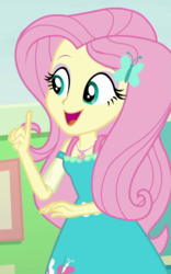 Size: 601x966 | Tagged: safe, screencap, fluttershy, equestria girls, equestria girls series, g4, rollercoaster of friendship, clothes, cropped, dress, female, geode of fauna, magical geodes, makeup, open mouth, smiling, solo, talking