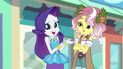Size: 1920x1080 | Tagged: safe, screencap, rarity, vignette valencia, equestria girls, equestria girls series, g4, rollercoaster of friendship, bracelet, clothes, geode of shielding, jewelry, makeup, open mouth, rarity peplum dress, skirt, smiling, talking