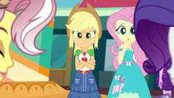 Size: 1920x1080 | Tagged: safe, screencap, applejack, fluttershy, rarity, vignette valencia, equestria girls, equestria girls specials, g4, my little pony equestria girls: better together, my little pony equestria girls: rollercoaster of friendship, angry, crossed arms, female, geode of fauna, geode of super strength