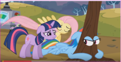 Size: 708x366 | Tagged: safe, screencap, fluttershy, rainbow dash, spike, twilight sparkle, pegasus, pony, unicorn, g4, hurricane fluttershy, eye scream, female, machine, mare, tree, unicorn twilight