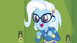 Size: 1280x720 | Tagged: safe, screencap, trixie, best trends forever, best trends forever: twilight sparkle, equestria girls, g4, my little pony equestria girls: better together, adorkable, canterlot high, clothes, cute, diatrixes, dork, female, glasses, hallway, hoodie, lockers, meganekko, open mouth, smiling, the great and nerdy trixie
