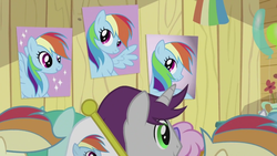 Size: 1280x720 | Tagged: safe, screencap, rainbow dash, rainbowshine, spring melody, sprinkle medley, written script, pony, g4, my little pony: friendship is magic, the mysterious mare do well, flag, rainbow dash fanclub