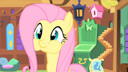 Size: 1280x720 | Tagged: safe, screencap, fluttershy, pegasus, pony, g4, my little pony: friendship is magic, stare master, :t, bird house, cute, female, fluttershy's cottage, fluttershy's cottage (interior), holding breath, lantern, mare, puffy cheeks, shyabetes