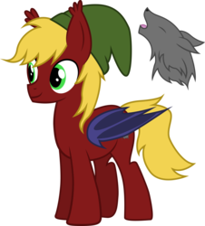 Size: 2695x2984 | Tagged: safe, artist:duskthebatpack, oc, oc:griffin night, oc:howling night, bat pony, hybrid, pony, wolf, bat pony oc, cap, commission, cutie mark, ear fluff, hat, high res, male, show accurate, simple background, solo, stallion, transparent background