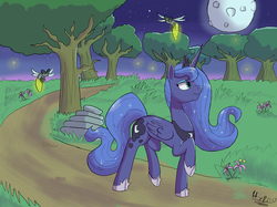 Size: 4900x3667 | Tagged: safe, artist:hypno, princess luna, alicorn, firefly (insect), pony, g4, female, flower, forest, mare, moon, night, road, solo