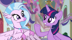 Size: 1280x720 | Tagged: safe, screencap, silverstream, twilight sparkle, alicorn, hippogriff, pony, g4, school daze, duo, female, jewelry, mare, necklace, school of friendship, twilight sparkle (alicorn)