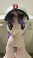 Size: 2560x1440 | Tagged: safe, starlight glimmer, pony, unicorn, g4, bathroom, boston red sox, but why, female, hat, irl, photo, plushie, solo, toilet