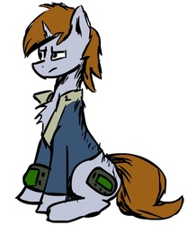 Size: 559x642 | Tagged: safe, artist:vbronny, oc, oc only, oc:littlepip, pony, unicorn, fallout equestria, chest fluff, clothes, cutie mark, fanfic, fanfic art, female, hooves, horn, jumpsuit, mare, pipbuck, simple background, sitting, solo, vault suit, white background