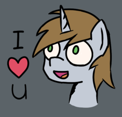 Size: 513x493 | Tagged: safe, artist:vbronny, oc, oc only, oc:littlepip, pony, unicorn, fallout equestria, bust, fanfic, fanfic art, female, gray background, horn, i love you, mare, open mouth, portrait, simple background, solo, text