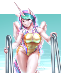 Size: 2375x2850 | Tagged: safe, artist:mykegreywolf, princess celestia, alicorn, anthro, g4, big breasts, both cutie marks, breasts, busty princess celestia, clothes, female, high res, high-cut clothing, looking at you, mare, one-piece swimsuit, praise the sun, purple eyes, solo, swimming pool, swimsuit, water, wet