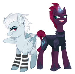 Size: 1216x1200 | Tagged: safe, artist:higglytownhero, tempest shadow, oc, oc:silver shine, pegasus, pony, unicorn, g4, armor, broken horn, clothes, colored wings, duo, electricity, eye scar, female, horn, lidded eyes, mare, multicolored wings, open mouth, purple eyes, scar, simple background, socks, sparking horn, striped socks, transparent background
