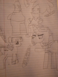 Size: 719x949 | Tagged: safe, chancellor neighsay, twilight sparkle, alicorn, human, pony, unicorn, g4, school daze, black and white, grayscale, homer simpson, lined paper, monochrome, sideshow bob, traditional art