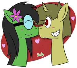 Size: 1800x1600 | Tagged: safe, artist:b-cacto, oc, oc only, oc:prickly pears, oc:whatsapony, pony, unicorn, flower, flower in hair, glasses, heart eyes, horn, nuzzling, round glasses, simple background, transparent background, wingding eyes