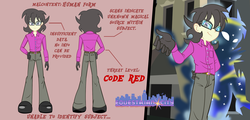 Size: 2666x1280 | Tagged: safe, artist:succubi samus, oc, oc:malcontent, equestria girls, g4, equestrian city, evil smile, glasses, grin, male, reference sheet, smiling, sneak peek, true form