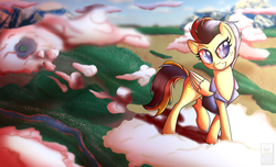 Size: 2800x1700 | Tagged: safe, artist:elmutanto, oc, oc only, oc:teravolt skyrider, pegasus, pony, clothes, cloud, freckles, scenery, sky, smiling, smirk, sunset, vest