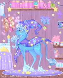 Size: 3000x3700 | Tagged: safe, artist:bunxl, artist:naokin160, trixie, classical unicorn, pony, unicorn, g4, book, clothes, cloven hooves, collaboration, female, hat, high res, horn, leonine tail, magic, mare, solo, sparkly mane, sparkly tail, starry eyes, tail, trixie's hat, unshorn fetlocks, wingding eyes
