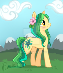 Size: 600x692 | Tagged: safe, artist:furreon, oc, oc only, oc:willow wish, earth pony, pony, blushing, deviantart watermark, female, flower, flower in hair, mare, mountain, offspring, parent:big macintosh, parent:fluttershy, parents:fluttermac, signature, solo, watermark