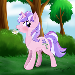 Size: 600x600 | Tagged: safe, artist:furreon, oc, oc only, pony, unicorn, adoptable, adopted, aweeg*, deviantart watermark, eating, female, flower, horses doing horse things, mare, not diamond tiara, obtrusive watermark, puffy cheeks, solo, tree, watermark