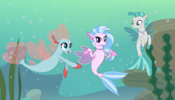 Size: 3683x2104 | Tagged: safe, artist:phucknuckl, ocellus, silverstream, terramar, seapony (g4), g4, season 8, surf and/or turf, brother and sister, clothes, cute, diaocelles, diastreamies, disguise, disguised changeling, female, high res, male, open mouth, seaponified, seapony ocellus, seapony silverstream, species swap, terrabetes, trio, underwater