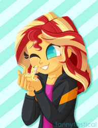 Size: 1275x1650 | Tagged: safe, artist:fannytastical, ray, sunset shimmer, gecko, leopard gecko, lizard, equestria girls, g4, my little pony equestria girls: summertime shorts, pet project, clothes, female, jacket, no pupils