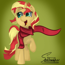 Size: 1080x1080 | Tagged: safe, artist:sadtrooper, sunset shimmer, pony, unicorn, g4, clothes, female, open mouth, scarf, solo