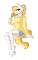 Size: 2730x4248 | Tagged: safe, alternate version, artist:amazing-artsong, oc, oc only, anthro, unguligrade anthro, anthro oc, clothes, female, food, hoof fluff, popsicle, shorts, simple background, sitting, solo, tongue out, transparent background
