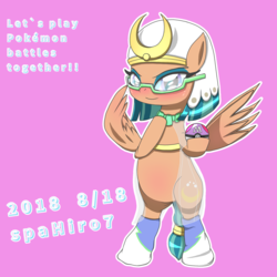 Size: 2000x2000 | Tagged: safe, artist:spahiro7, somnambula, g4, bipedal, clothes, dialogue, female, glasses, high res, hoof hold, master ball, pink background, poké ball, pokémon, pokémon trainer, simple background, socks, solo