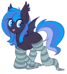 Size: 850x931 | Tagged: safe, artist:lulubell, oc, oc only, oc:cricket, bat pony, pony, clothes, cute, female, filly, oversized clothes, simple background, socks, solo, striped socks, transparent background