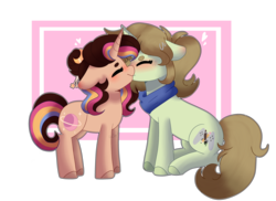 Size: 3846x2803 | Tagged: dead source, safe, artist:moon-rose-rosie, oc, oc only, oc:margaret, oc:melanie (moon-rose-rosie), pony, unicorn, beanbrows, blushing, duo, ears back, eyebrows, female, freckles, hair bun, high res, horn, kiss on the lips, kissing, lesbian, mare, neckerchief, oc x oc, passepartout, pink background, shipping, simple background, sitting, standing, transparent background, unicorn oc