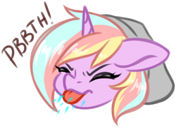 Size: 788x573 | Tagged: safe, artist:bumblebun, derpibooru exclusive, oc, oc only, oc:bumblebun, pony, unicorn, :p, cute, eyes closed, female, floppy ears, head, majestic as fuck, mare, onomatopoeia, raspberry, raspberry noise, simple background, solo, tongue out, white background