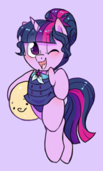 Size: 600x1000 | Tagged: safe, artist:paperbagpony, sci-twi, twilight sparkle, pony, unicorn, g4, ball, bipedal, blushing, clothes, colored pupils, cute, equestria girls ponified, female, hair bun, leg blush, mare, one eye closed, one-piece swimsuit, open mouth, ponified, shoulder blush, smiling, solo, standing on two hooves, swimsuit, tinyface, twiabetes, wink